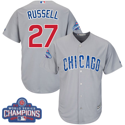 Youth Majestic Chicago Cubs #27 Addison Russell Authentic Grey Road 2016 World Series Champions Cool Base MLB Jersey