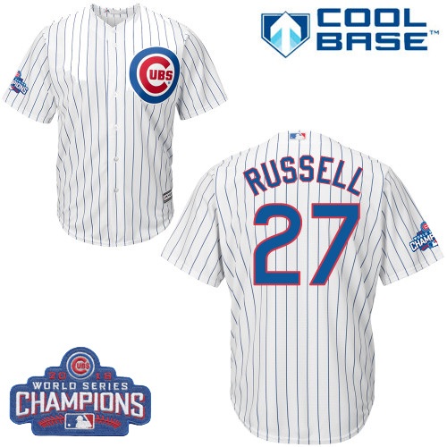 Youth Majestic Chicago Cubs #27 Addison Russell Authentic White Home 2016 World Series Champions Cool Base MLB Jersey