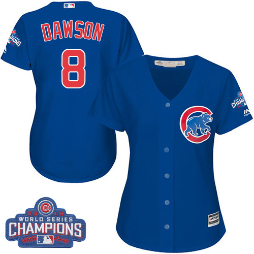 Women's Majestic Chicago Cubs #8 Andre Dawson Authentic Royal Blue Alternate 2016 World Series Champions Cool Base MLB Jersey