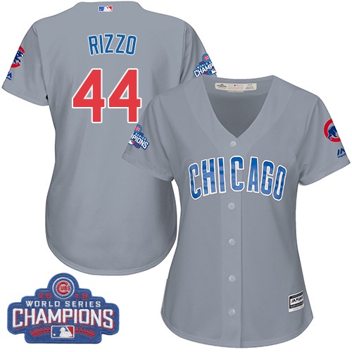 Women's Majestic Chicago Cubs #44 Anthony Rizzo Authentic Grey Road 2016 World Series Champions Cool Base MLB Jersey