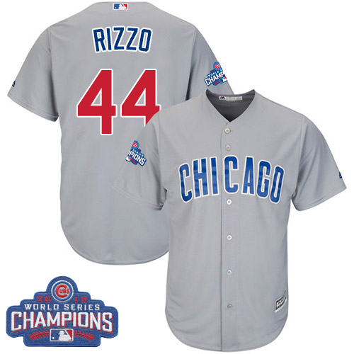 Youth Majestic Chicago Cubs #44 Anthony Rizzo Authentic Grey Road 2016 World Series Champions Cool Base MLB Jersey