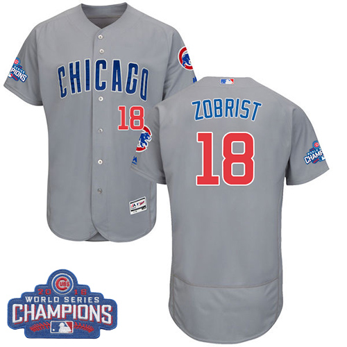 Men's Majestic Chicago Cubs #18 Ben Zobrist Grey 2016 World Series Champions Flexbase Authentic Collection MLB Jersey