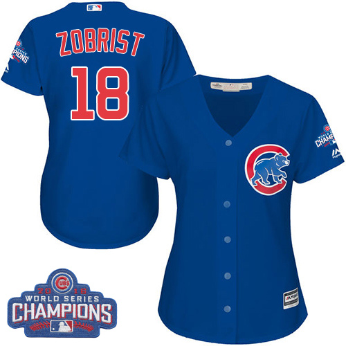 Women's Majestic Chicago Cubs #18 Ben Zobrist Authentic Royal Blue Alternate 2016 World Series Champions Cool Base MLB Jersey