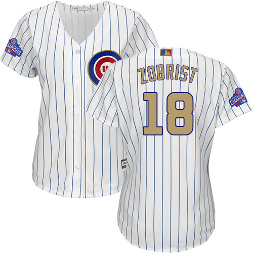 Women's Majestic Chicago Cubs #18 Ben Zobrist Authentic White 2017 Gold Program MLB Jersey