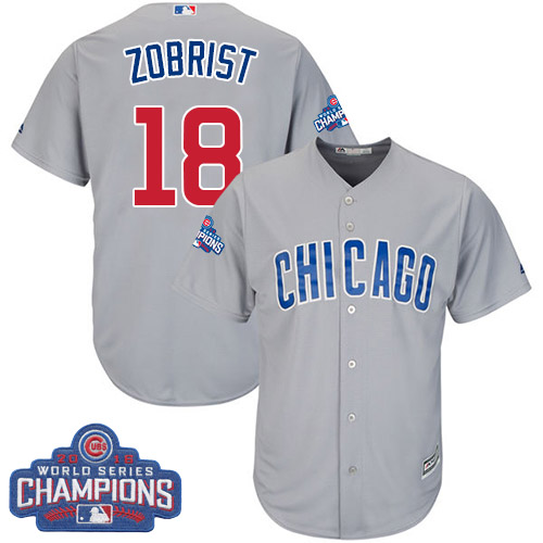 Youth Majestic Chicago Cubs #18 Ben Zobrist Authentic Grey Road 2016 World Series Champions Cool Base MLB Jersey