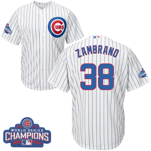 Youth Majestic Chicago Cubs #38 Carlos Zambrano Authentic White Home 2016 World Series Champions Cool Base MLB Jersey