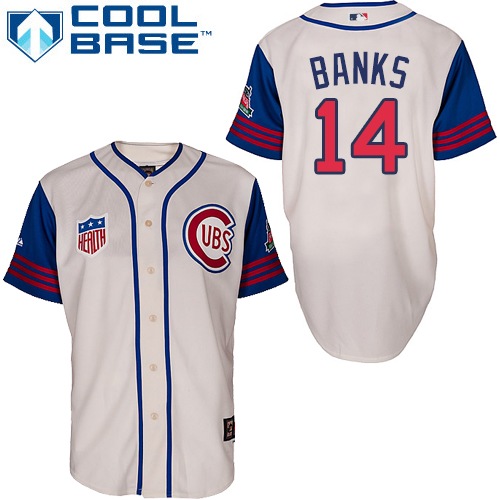 Men's Majestic Chicago Cubs #14 Ernie Banks Authentic Cream/Blue 1942 Turn Back The Clock MLB Jersey