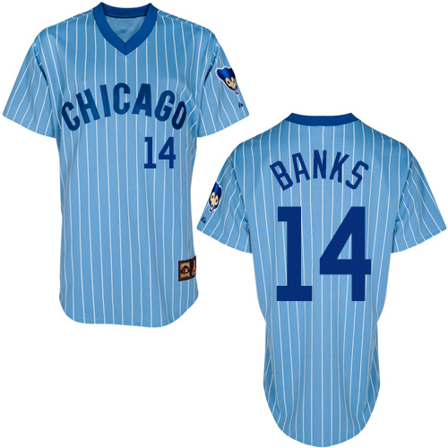 Men's Majestic Chicago Cubs #14 Ernie Banks Replica Blue/White Strip Cooperstown Throwback MLB Jersey