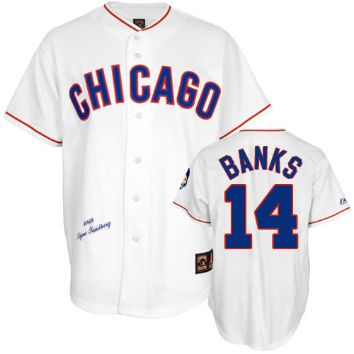 Men's Mitchell and Ness Chicago Cubs #14 Ernie Banks Replica White 1968 Throwback MLB Jersey