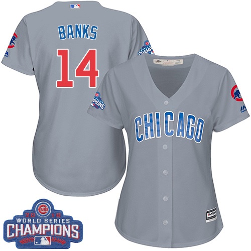 Women's Majestic Chicago Cubs #14 Ernie Banks Authentic Grey Road 2016 World Series Champions Cool Base MLB Jersey