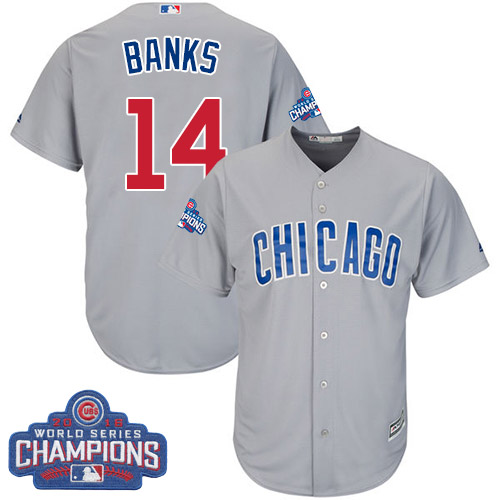 Youth Majestic Chicago Cubs #14 Ernie Banks Authentic Grey Road 2016 World Series Champions Cool Base MLB Jersey