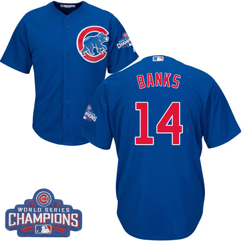Youth Majestic Chicago Cubs #14 Ernie Banks Authentic Royal Blue Alternate 2016 World Series Champions Cool Base MLB Jersey