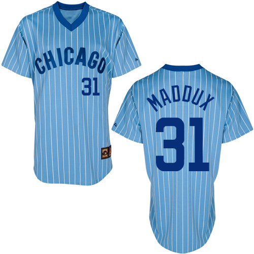 Men's Majestic Chicago Cubs #31 Greg Maddux Replica Blue/White Strip Cooperstown Throwback MLB Jersey