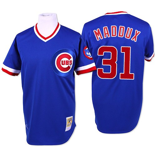 Men's Mitchell and Ness Chicago Cubs #31 Greg Maddux Authentic Blue Throwback MLB Jersey