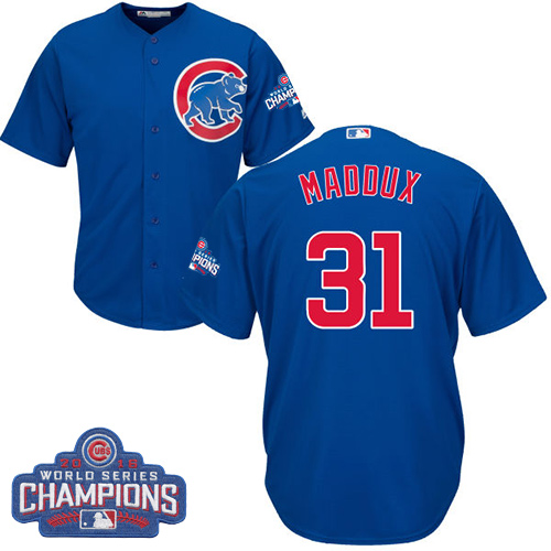 Youth Majestic Chicago Cubs #31 Greg Maddux Authentic Royal Blue Alternate 2016 World Series Champions Cool Base MLB Jersey