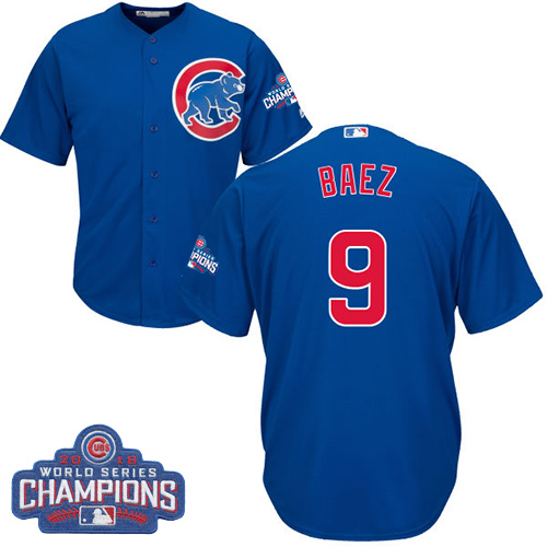 Youth Majestic Chicago Cubs #9 Javier Baez Authentic Royal Blue Alternate 2016 World Series Champions Cool Base MLB Jersey