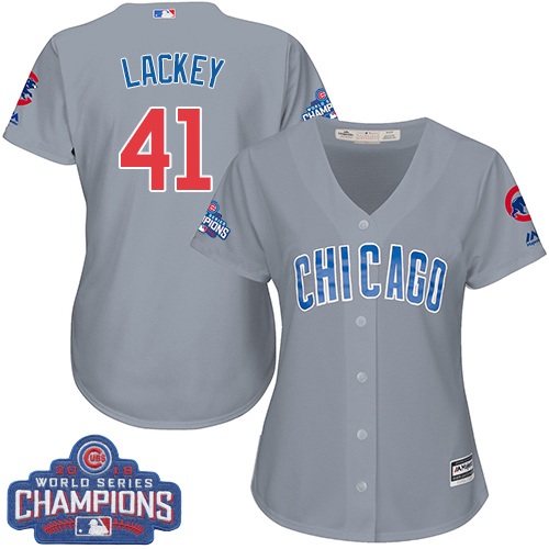 Women's Majestic Chicago Cubs #41 John Lackey Authentic Grey Road 2016 World Series Champions Cool Base MLB Jersey