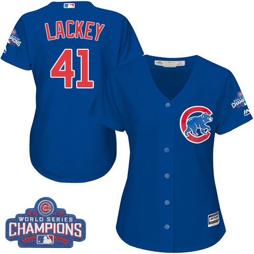 Women's Majestic Chicago Cubs #41 John Lackey Authentic Royal Blue Alternate 2016 World Series Champions Cool Base MLB Jersey