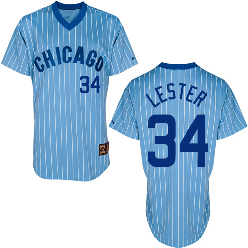 Men's Majestic Chicago Cubs #34 Jon Lester Authentic Blue/White Strip Cooperstown Throwback MLB Jersey