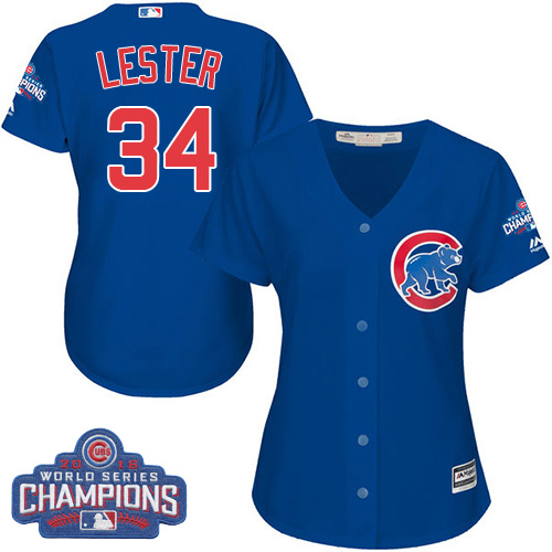 Women's Majestic Chicago Cubs #34 Jon Lester Authentic Royal Blue Alternate 2016 World Series Champions Cool Base MLB Jersey