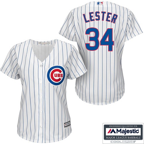 Women's Majestic Chicago Cubs #34 Jon Lester Authentic White/Blue Strip Fashion MLB Jersey