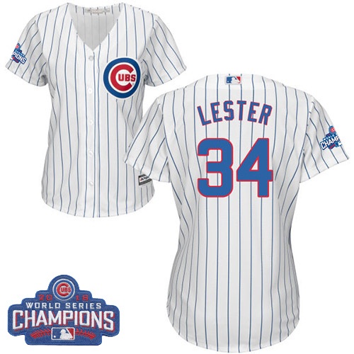 Women's Majestic Chicago Cubs #34 Jon Lester Authentic White Home 2016 World Series Champions Cool Base MLB Jersey