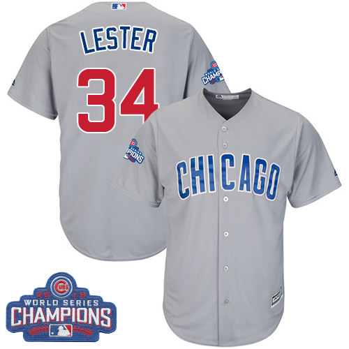 Youth Majestic Chicago Cubs #34 Jon Lester Authentic Grey Road 2016 World Series Champions Cool Base MLB Jersey