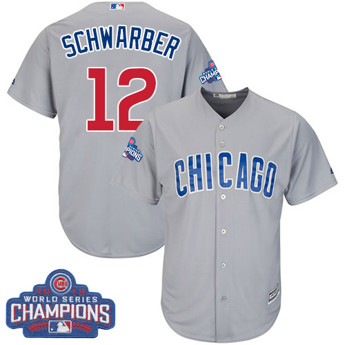 Youth Majestic Chicago Cubs #12 Kyle Schwarber Authentic Grey Road 2016 World Series Champions Cool Base MLB Jersey
