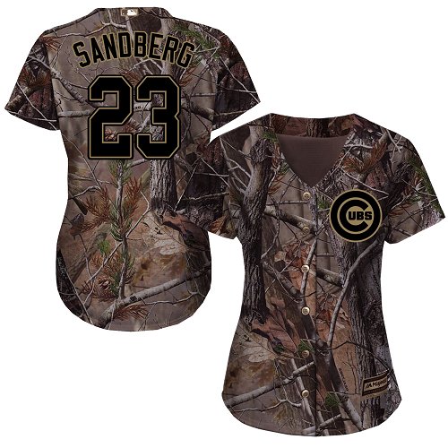 Women's Majestic Chicago Cubs #23 Ryne Sandberg Authentic Camo Realtree Collection Flex Base MLB Jersey