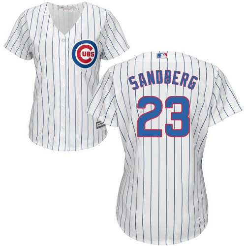 Women's Majestic Chicago Cubs #23 Ryne Sandberg Authentic White/Blue Strip Fashion MLB Jersey
