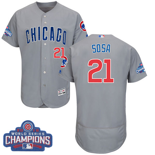 Men's Majestic Chicago Cubs #21 Sammy Sosa Grey 2016 World Series Champions Flexbase Authentic Collection MLB Jersey